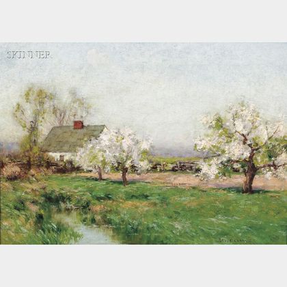 Bruce Crane (American, 1857-1937) Spring Landscape with Cottage and Flowering Trees