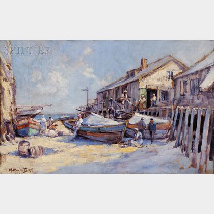 Arthur Vidal Diehl (American, 1870-1929) Figures and Sailboats at a Sunny Boatyard