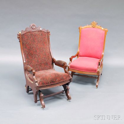 Two Victorian Renaissance Revival Upholstered Walnut Rockers