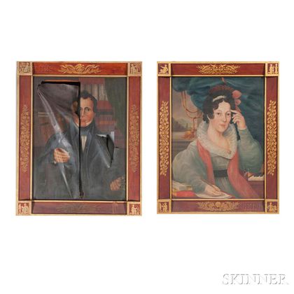 American School, Early 19th Century Pair of Portraits of a Gentleman and Lady in Neoclassical Settings