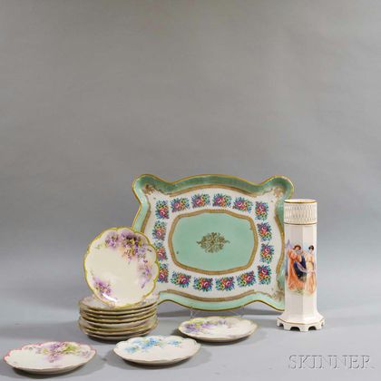 Set of Twelve Haviland Porcelain Plates, a French Platter, and a German Vase. Estimate $150-250