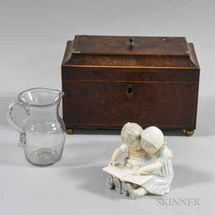 Georgian Inlaid Burl Veneer Tea Caddy, a Blown Colorless Glass Jug, and a B & G Figure. Estimate $150-200