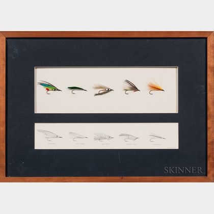 Five Framed Fly-fishing Flies and Design Sketches by Eric Flachbart