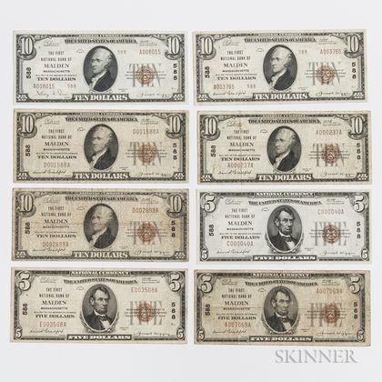 Eight 1929 The First National Bank of Malden $5 and $10 Notes