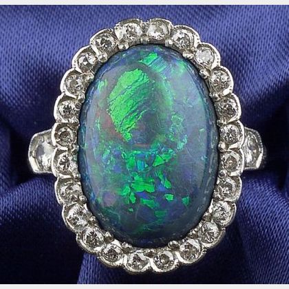Art Deco Platinum, Black Opal and Diamond Ring