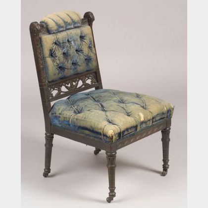 Herter Bros. Attributed Egyptian Revival Upholstered Carved and Ebonized Parlor Side Chair
