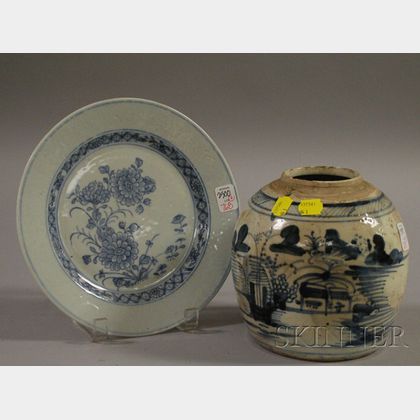 Japanese Blue and White Floral-decorated Porcelain Plate and a Chinese Porcelain Ginger Jar
