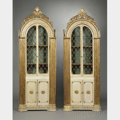Pair of Italian Neoclassical Cream and Gold Painted Dome-top Library Cabinets