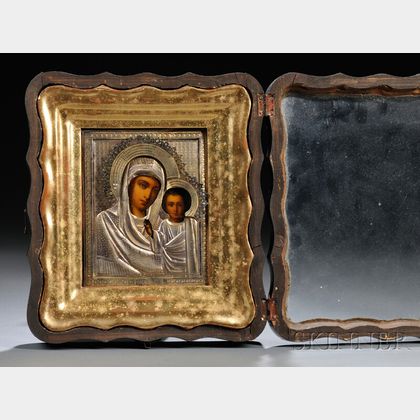 Russian Icon of Virgin Mother and Christ Child with a Gilt-silver Riza