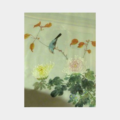 Framed Japanese Bird and Floral Painting on Silk and a Chinese Floral Decorated Porcelain Bowl. 
