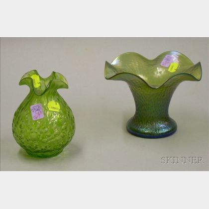 Two Loetz-type Iridescent Green Glass Ruffled Vases