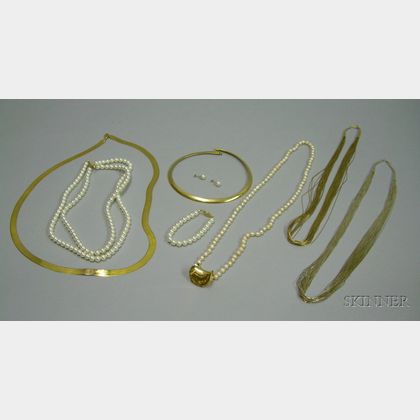 Two 14kt Gold Necklaces, a 14kt Gold and a Sterling Silver Multi Strand Necklace, a Strand of Potato Pearls wit... 