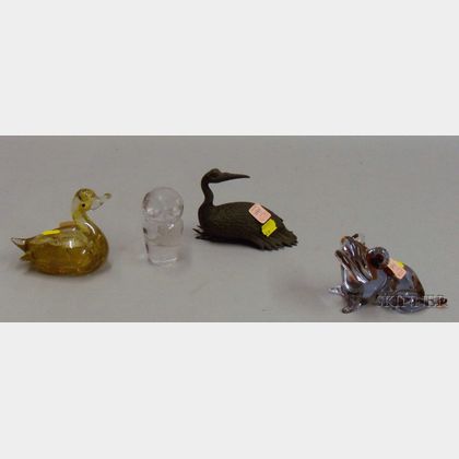 Murano Glass Toad and Duck, Kosta Figure of an Owl, and an Asian-style Bronze Bird. 