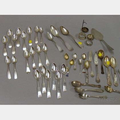 Group of Sterling and Coin Silver Spoons, Tongs, and Napkin Rings