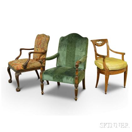 Three Carved and Upholstered Open Armchairs