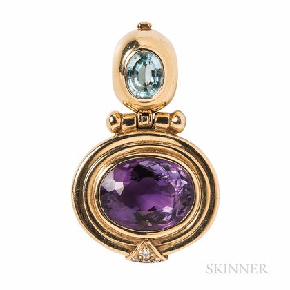 14kt Gold, Amethyst, and Blue Topaz Pendant