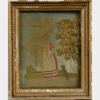 Small Silk Needlework Picture of a Girl Teasing a Cat with a Mouse