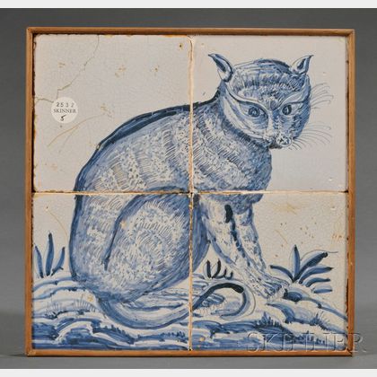 Four Tile Dutch Delft Cat Portrait