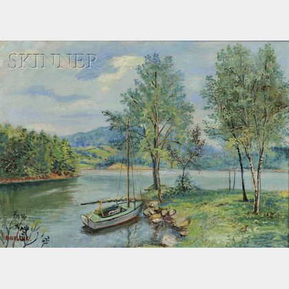 David Davidovich Burliuk (Russian/American, 1882-1967) Lake Scene with Boat, Probably a Connecticut View