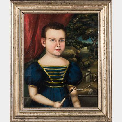 American School, First Half 19th Century Portrait of a Boy in Blue Dress Holding a Whip