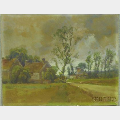 Unframed Watercolor on Paperboard of Cottages on a Country Road