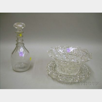 Colorless Cut Glass Bowl, Underplate, and a Decanter. 