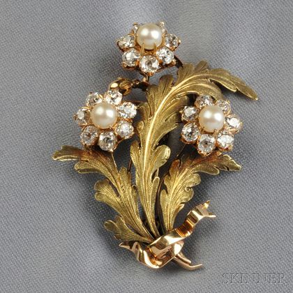 Antique 18kt Gold, Pearl, and Diamond Flower Brooch