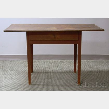 Red-painted Pine Breadboard-top Table with Drawer