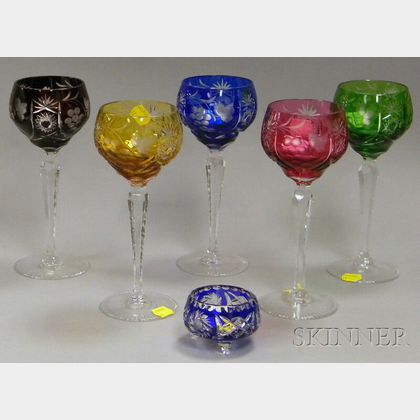 Set of Five Colored-cut-to-Clear Glass Wine Stems and a Cobalt-cut-to-Clear Glass Footed Master Salt. 