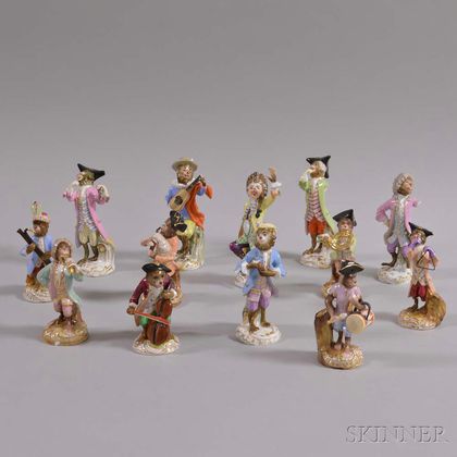 Thirteen Continental Porcelain Monkey Band Figures