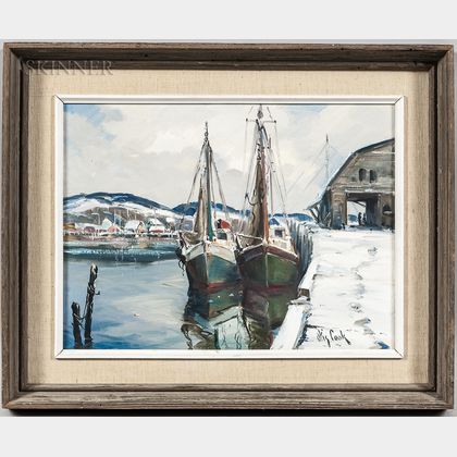 Otis Pierce Cook (American, 1900-1980) Two Vessels at a Snowy Wharf