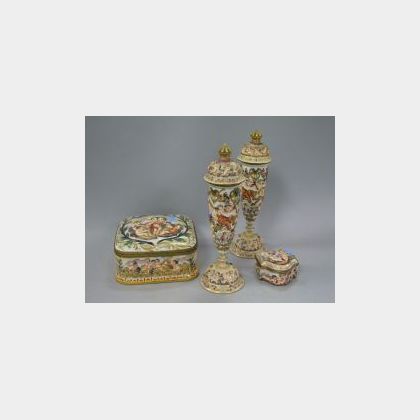 Two Gilt-metal Mounted Capo di Monte Porcelain Boxes and a Pair of Lidded Vases. 