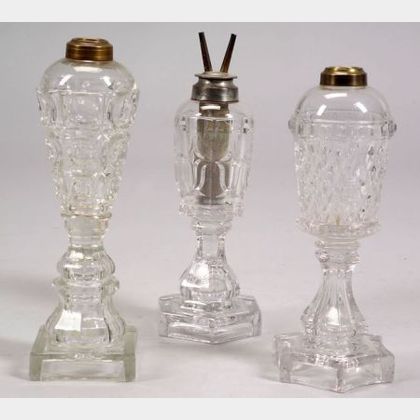 Three Colorless Pressed Glass Whale Oil Lamps