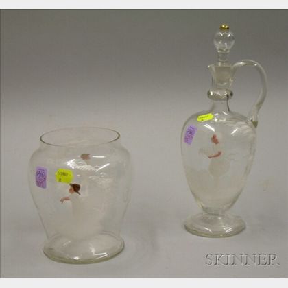 Mary Gregory Type Enamel Decorated Colorless Glass Decanter and Jar. 
