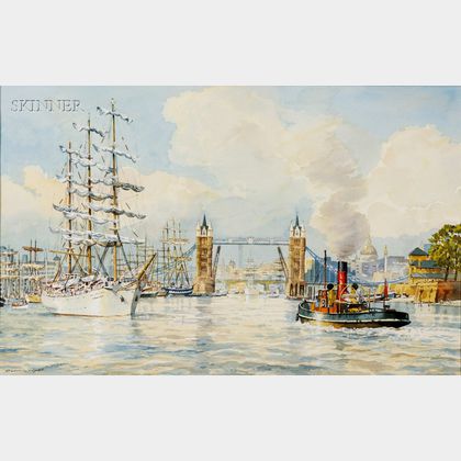 Bert Wright (British, b. 1930) Tall Ships at Tower Bridge, London