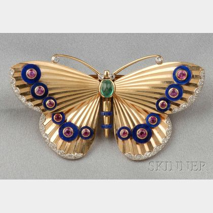 18kt Gold, Diamond, and Gem-set Butterfly Brooch, Cartier