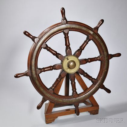 Brass-mounted Turned Oak Ship's Helm