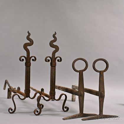 Two Pairs or Wrought Iron Andirons