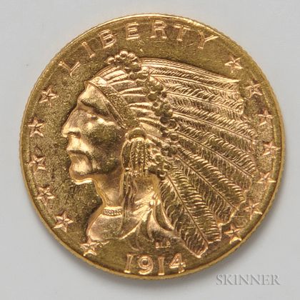 1914-D $2.50 Indian Head Gold Coin. Estimate $200-300