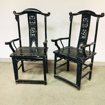 Pair of Black-painted Yoke-back Armchairs