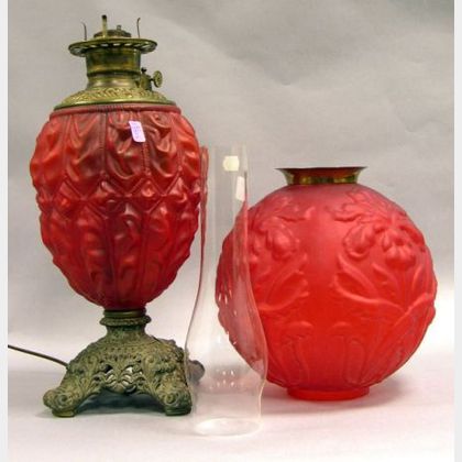 Victorian Red Satin Molded Glass Gone-with-the-Wind Kerosene Lamp with Brass Plated Cast Metal Base. 