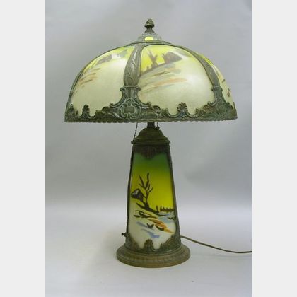 Scenic Reverse-painted Glass and Patinated Cast Metal Table Lamp