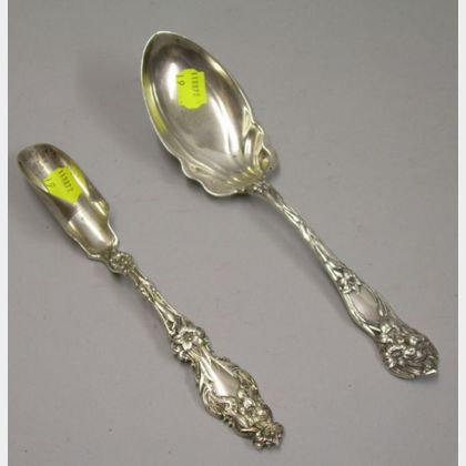 Whiting Sterling Silver Lily Pattern Cheese Scoop and Watson Sterling Silver Lily Pattern Berry Spoon. 