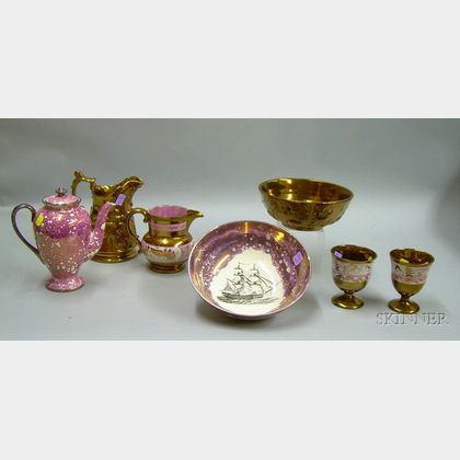 Seven Pieces of English Pink and Copper Lustre Tableware