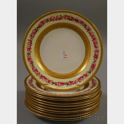 Set of Twelve Royal Worcester Gilt and Hand-painted Rose Decorated Porcelain Plates