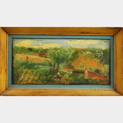 American School, 20th Century Landscape with Figures and Fields.