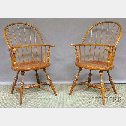 Pair of Stickley Cherry and Ash Windsor Sack-back Armchairs