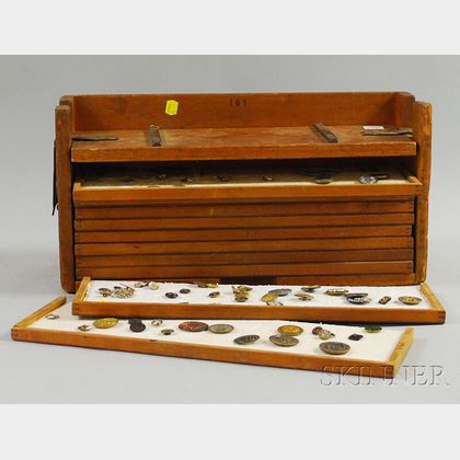 Small Collection of Antique Buttons in a Ten-drawer Metal-mounted Wooden Case