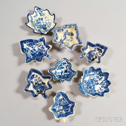 Eight Staffordshire Blue and White Transfer-decorated Pottery Leaf-form Dishes