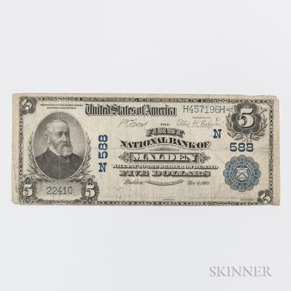 1902 The First National Bank of Malden Plain Back $5 Note